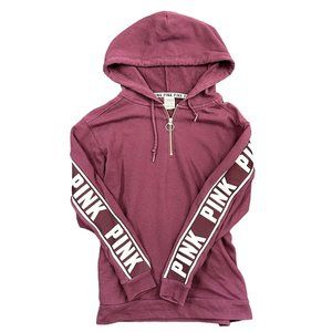 Victoria Secret PINK Maroon 1/4 Zip Hoodie Spellout Down Sleeves Size Small
